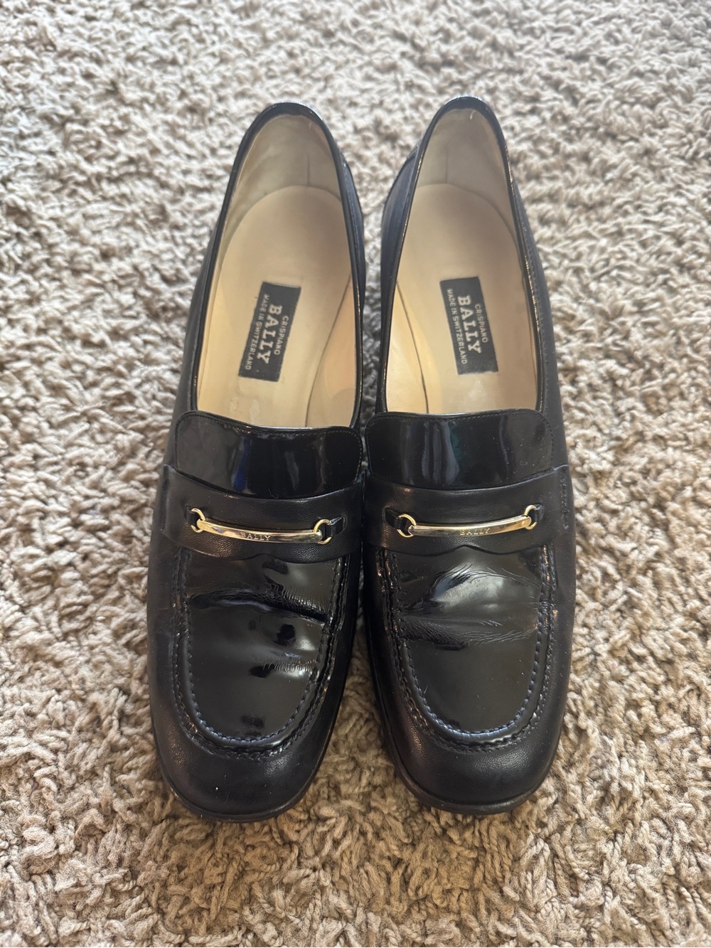 Bally Black Patent Loafers with Gold Bit 7B
